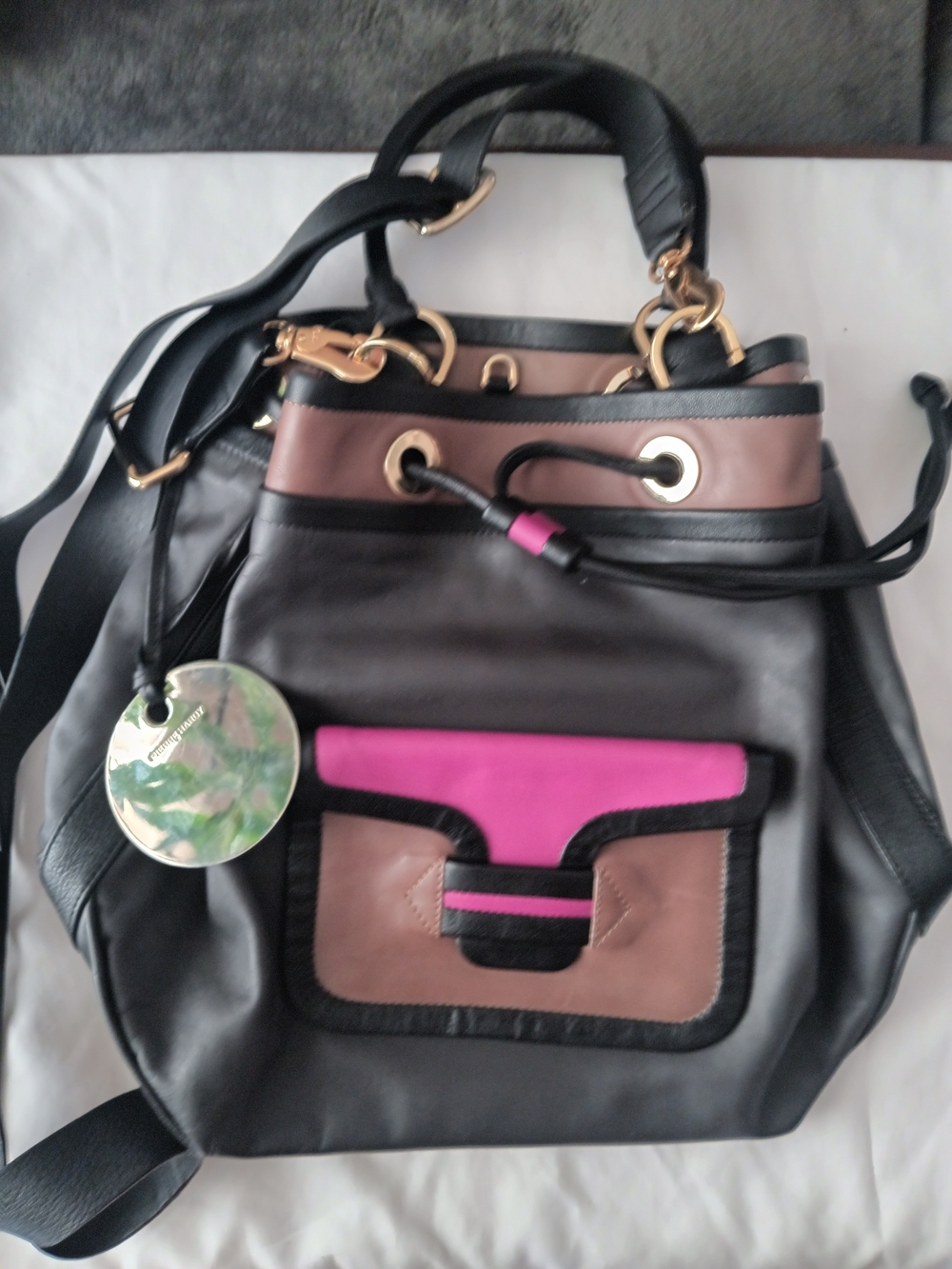 Pierre Hardy Leather Colorblock Drawstring Backpack - Black, Pink & Taupe